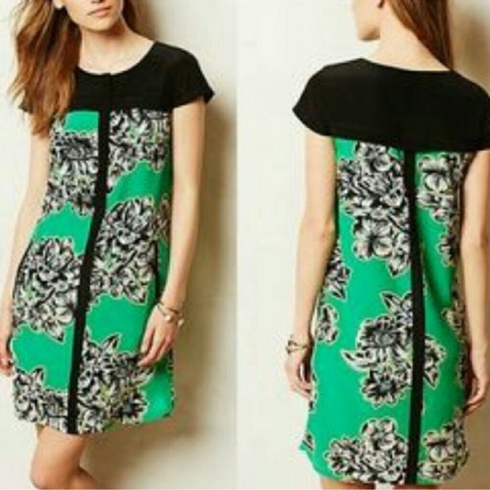 Maeve Anthropologie Silk Ayame Dress Green/Black Floral Pockets 4‎